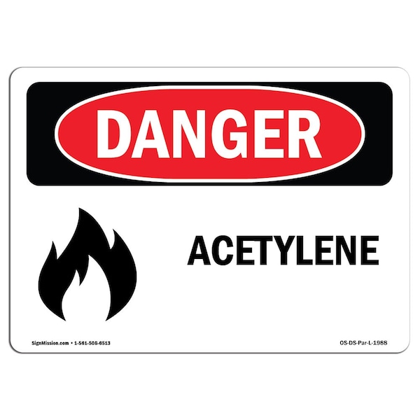 Safety Sign, OSHA Danger, 3.5" Height, 5" Width, Acetylene, Landscape, 10PK